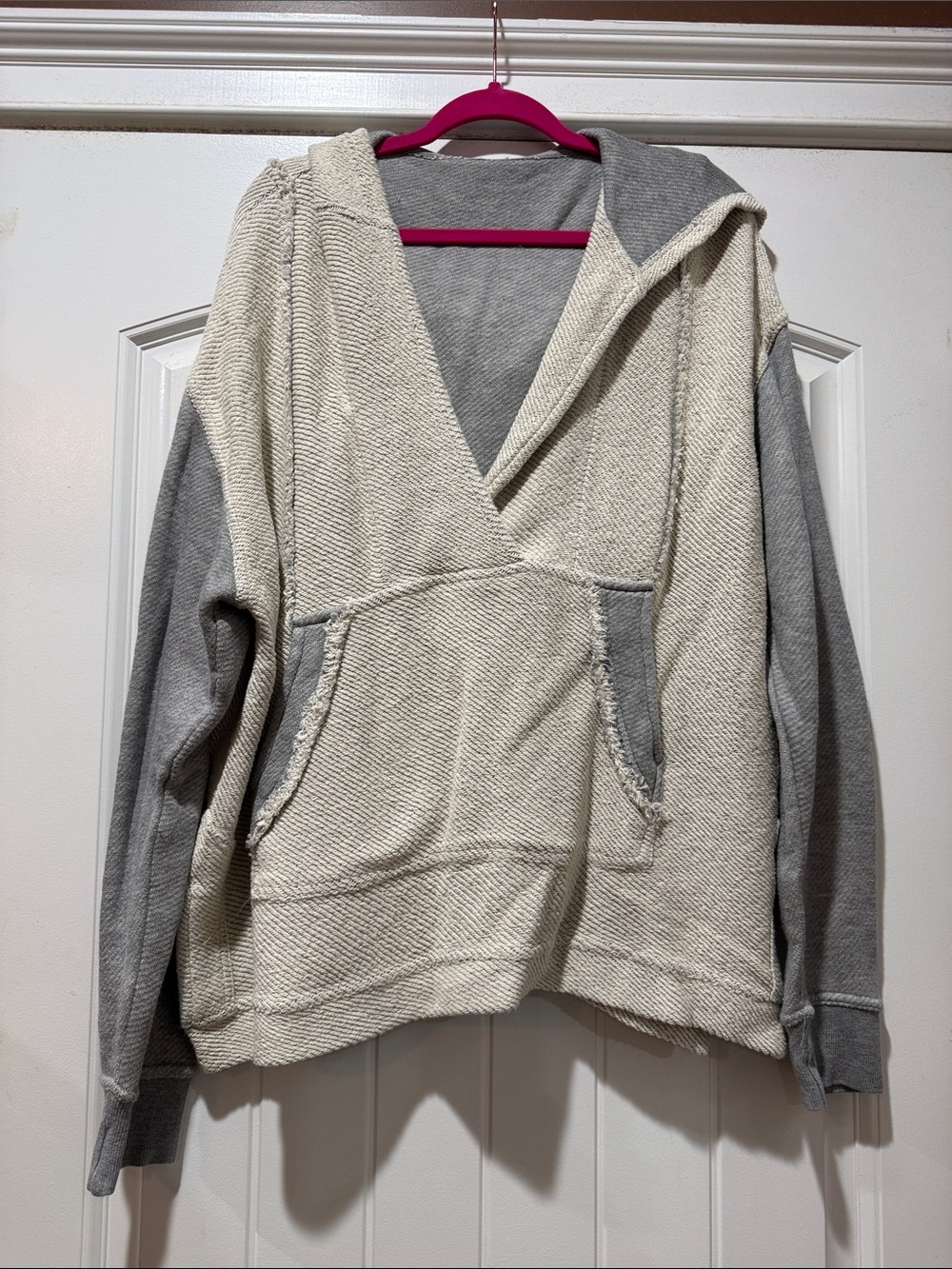 Mono B Two-Tone V-Neck Hooded Pullover in Cream & Gray